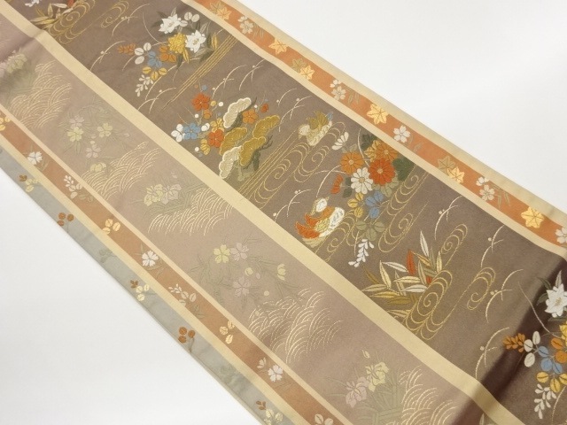 JAPANESE FUKURO OBI / WOVEN STRIPE & FLOWER & BIRD